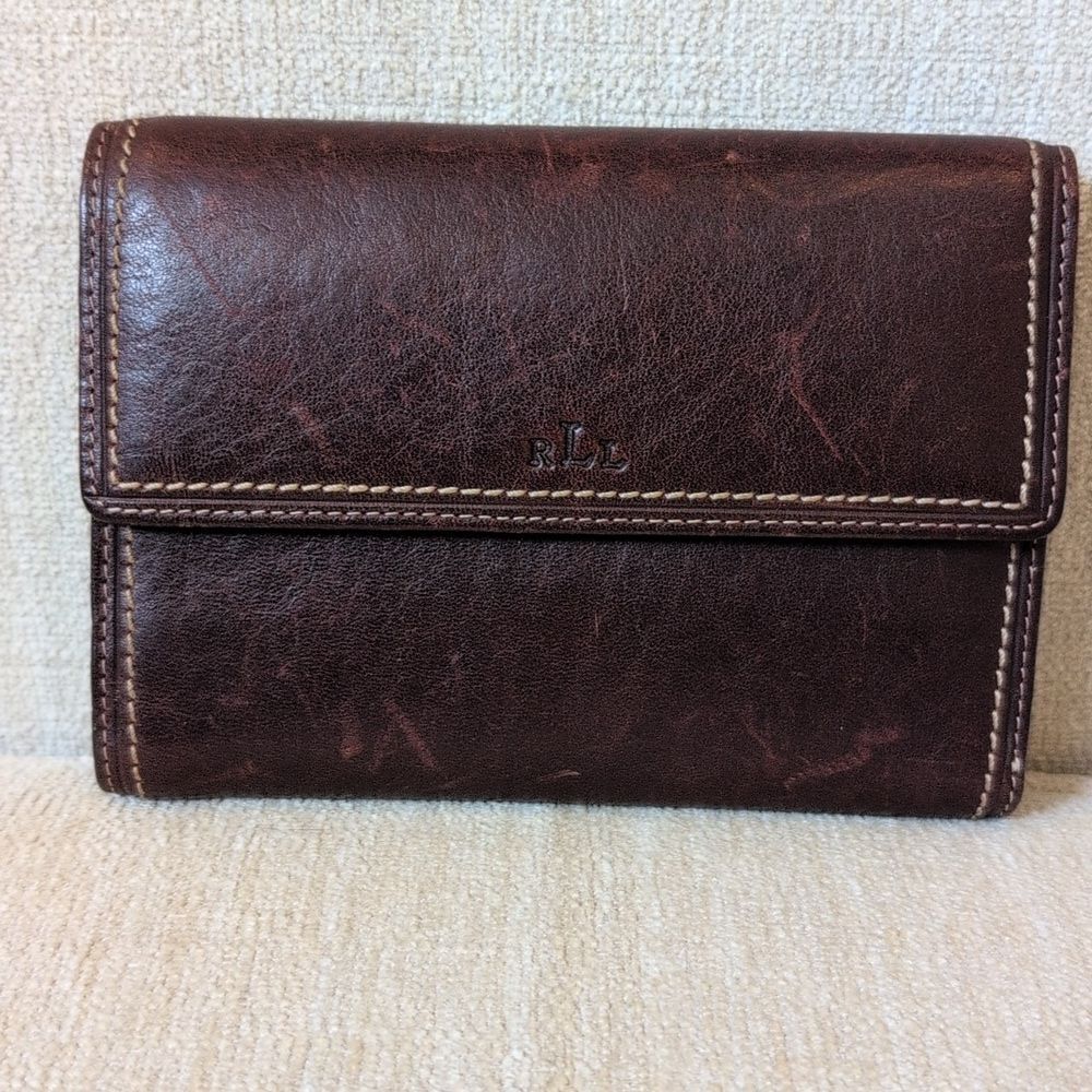 Lauren Ralph Lauren Distressed Brown Leather Tri-fold Wallet Classic Old Money